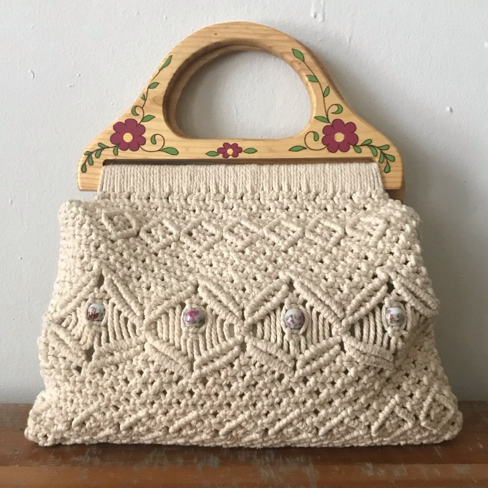Vintage Crochet Purse with Painted Wood Handles